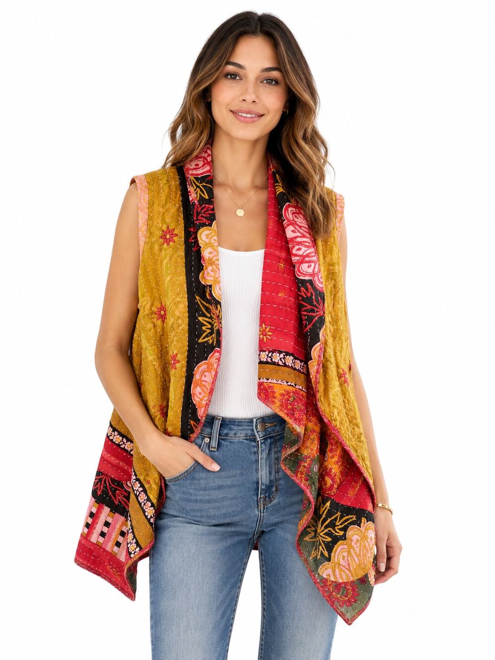 ButterCatCo Quilted Patchwork Open Front Vest Boho Kantha Sleeveless Jacket